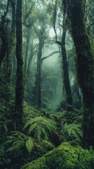 Fototapeta premium A tranquil forest reveals towering trees surrounded by ferns and mist, creating an enchanting, serene atmosphere