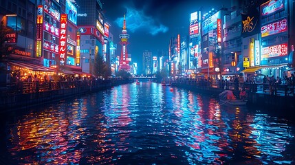 Fototapeta premium A picturesque scene of Dotonbori, Osaka, neon signs lighting up the night, bustling crowds and vibrant reflections on the canal, colorful and lively ambiance, detailed textures, hd quality,