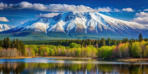 Obraz premium Snow capped Mt. Katahdin in Maine during spring, snow, mountain, Maine, spring, hiking, wilderness, nature, landscape, outdoor