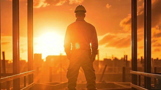 A construction worker, perched high on the structure of a new building at the sunset. His stance reflects the tenacity and commitment that define the construction field. Generative AI