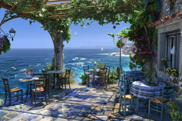 A serene seaside cafe adorned with lush vines, offering stunning ocean views and cozy seating for peaceful relaxation.