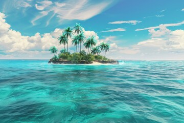 A serene tropical island with palm trees surrounded by clear turquoise water and a bright blue sky, ideal for travel and relaxation.