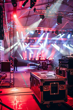 Live stage production setup with rigging equipment and lighting trusses in a central stage venue