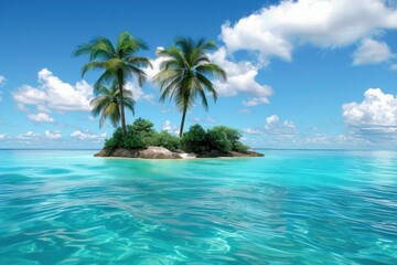 A tranquil tropical island with palm trees surrounded by crystal clear turquoise water and a blue sky dotted with clouds.