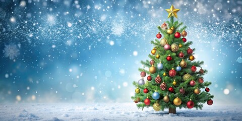 Christmas card featuring a decorated Christmas tree , holiday, festive, celebration, traditional, seasonal, greeting card