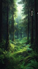 Obraz premium A serene forest pathway surrounded by vibrant greenery and soft sunlight filtering through the trees