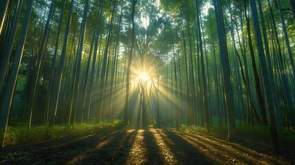 A serene photograph of Arashiyama Bamboo Grove, sunlight filtering through the tall bamboo stalks, casting dappled shadows on the forest floor, tranquil and peaceful atmosphere, hd quality,