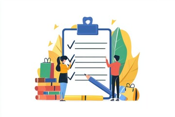 A vibrant illustration of two people checking tasks off a clipboard, surrounded by shopping bags and books, symbolizing productivity.