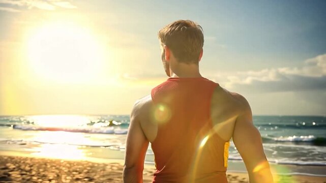 A strong baywatch looking towards the open sea, monitoring the shoreline, upholding security measures along the coast during the sunny season. Generative AI