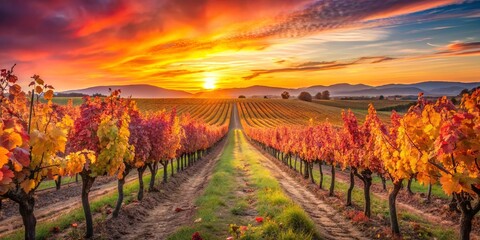 Fototapeta premium Vibrant colors of vineyards at sunset with orange and pink hues