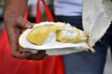 the inside of a durian fruit that has been opened