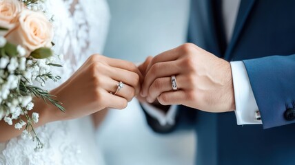 Close-up of bride and groom's hands exchanging rings.