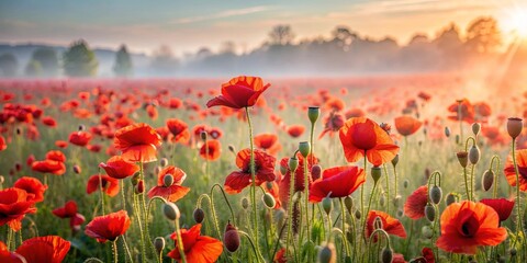 Fototapeta premium Vibrant red poppy field draped in morning mist