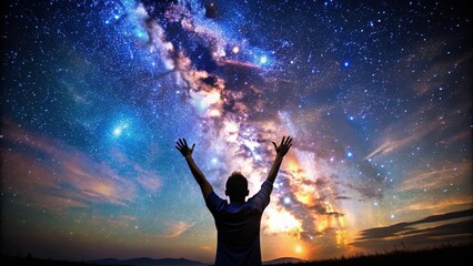 A mesmerizing photo of starlit night sky with hands raised in praise