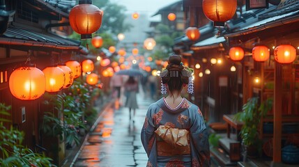 Obraz premium A stunning scene in Gion, Kyoto, geishas in elegant kimonos, traditional wooden houses with lanterns, soft evening light creating a magical atmosphere, peaceful and cultural setting, rich colors,