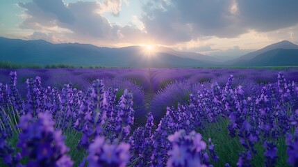 Fototapeta premium A stunning scene of Furano’s lavender fields in full bloom, vibrant purple flowers under a soft morning light, rolling hills in the background, peaceful and serene setting, vivid colors, hd quality,