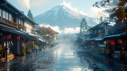 A stunning scene of Hakone, hot spring town with Mount Fuji in the background, soft morning light creating a mystical atmosphere, steam from the springs adding to the tranquility, detailed textures,