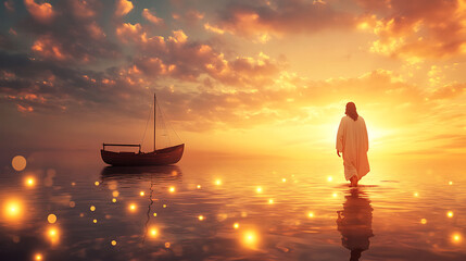 Jesus walking on the water in a beautiful sunset, ahead is a boat floating. Generative AI illustration 