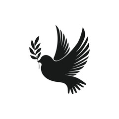 Beautiful flying dove bird peace symbol black silhouette illustration. Pigeon black silhouette icon isolated on a white background. Flying bird icon