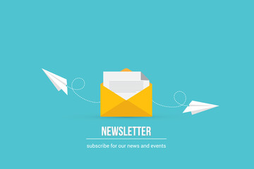 Newsletter. Illustration of email marketing. subscription to newsletter, news, offers, promotions. a letter and envelope. subscribe, submit. send by mail.	