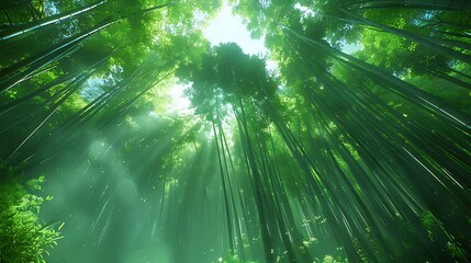 A stunning view of Arashiyama Bamboo Grove, soft sunlight streaming through the towering bamboo, creating a mystical and serene ambiance, rich green hues, high detail, hd quality, natural look.