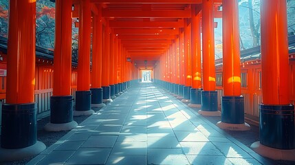 A stunning view of Fushimi Inari Shrine in Kyoto, endless red torii gates creating a tunnel effect, sunlight casting long shadows, serene and peaceful ambiance, detailed textures, hd quality,