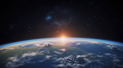 Obraz premium The Earth seen from space with the sun rising on its horizon.