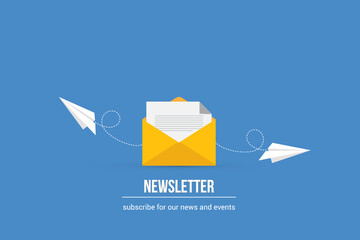 Newsletter. Illustration of email marketing. subscription to newsletter, news, offers, promotions. a letter and envelope. subscribe, submit. send by mail.	