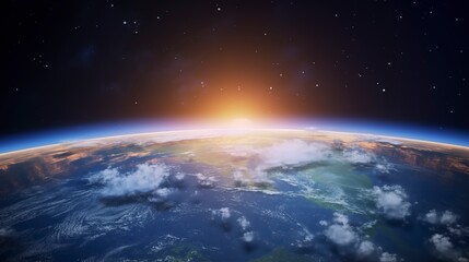 Fototapeta premium The Earth seen from space with the sun rising on its horizon.