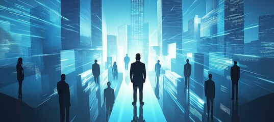 A confident leader stands in the center of an abstract cityscape, surrounded by silhouettes of diverse people and buildings representing different aspects like business vision or team unity.