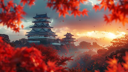 Obraz premium A tranquil image of Himeji Castle during autumn, vibrant red and orange leaves surrounding the castle, warm sunlight casting gentle shadows, serene and peaceful atmosphere, high detail, hd quality,