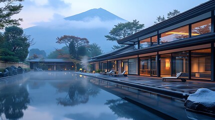 A tranquil scene of Hakone, hot spring town with Mount Fuji in the background, soft evening light illuminating the architecture, steam rising from the hot springs, serene and peaceful setting,