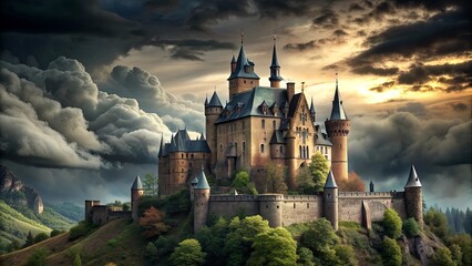 Fototapeta premium Mysterious medieval castle with gothic architecture and dark clouds looming overhead
