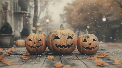 Trio of carved jack-o'-lanterns on autumnal street, Halloween celebration concept