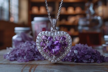 A silver heart pendant with purple crystals rests on a bed of amethyst stones.