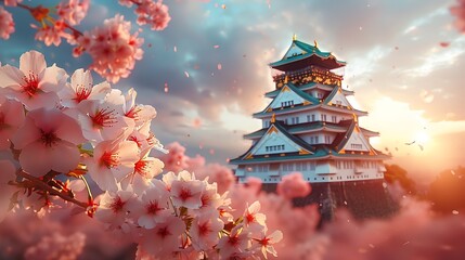 Obraz premium A vibrant image of Osaka Castle in spring, cherry blossoms in full bloom, sunlight casting warm hues, petals gently falling around, tranquil park setting, high detail, hd quality, natural look.