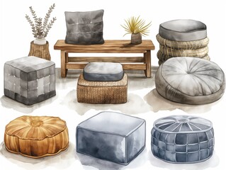 Set of pouf watercolor illustration. AI generated