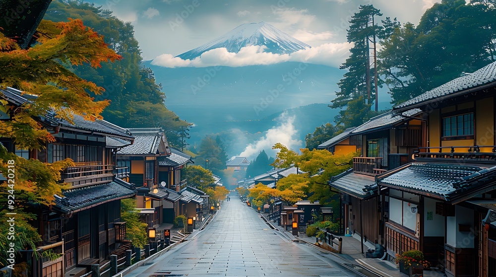 Wall mural A vibrant view of Hakone's hot spring town, traditional buildings with Mount Fuji in the distance, warm sunlight casting gentle shadows, steam rising from the springs, peaceful and serene ambiance,