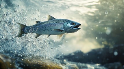 Ultra Realistic Salmon Fish Jumping Out of Water Generative AI