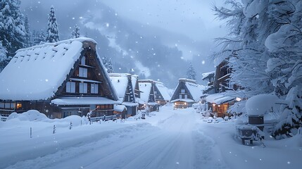 Fototapeta premium A vibrant view of Shirakawa-go village in winter, snow-covered thatched-roof houses, gentle snowfall creating a magical ambiance, soft evening light, tranquil and serene atmosphere, high detail,