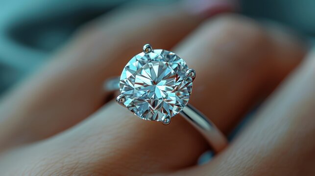 A sparkling solitaire diamond engagement ring on a finger.
