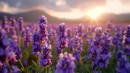 Fototapeta premium A vibrant view of the lavender fields of Furano, Hokkaido, in full bloom, purple flowers stretching into the distance, soft sunlight casting warm shadows, serene and picturesque atmosphere,