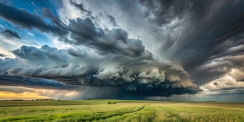 Dramatic image of storm clouds hovering over a vast field