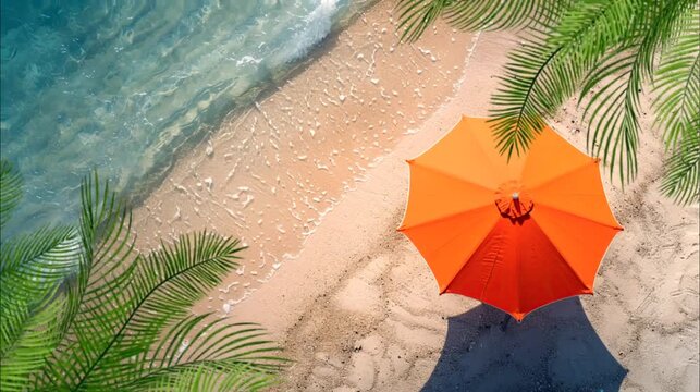 Red umbrella with palm eaves on the beautiful beach. Seamless loop video background