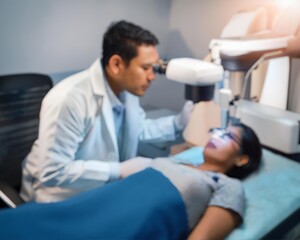Obraz premium Blurred image of a doctor examining a patient's eye in an operating room with a bokeh background.