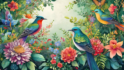 Obraz premium bird of paradise flower.an ornate, nature-themed frame featuring a variety of colorful birds perched among vivid flowers and dense green foliage. The composition should be detailed and rich, perfect f