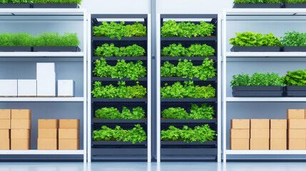 Fototapeta premium Vibrant indoor garden with fresh herbs growing in modern shelving. Perfect for illustrating sustainability and healthy eating.