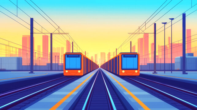 Vibrant cityscape with trains on parallel tracks under a colorful sunset sky, perfect for urban transport themes.