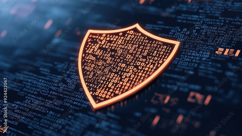 Poster data shield made of binary code, digital protection, cyber defense