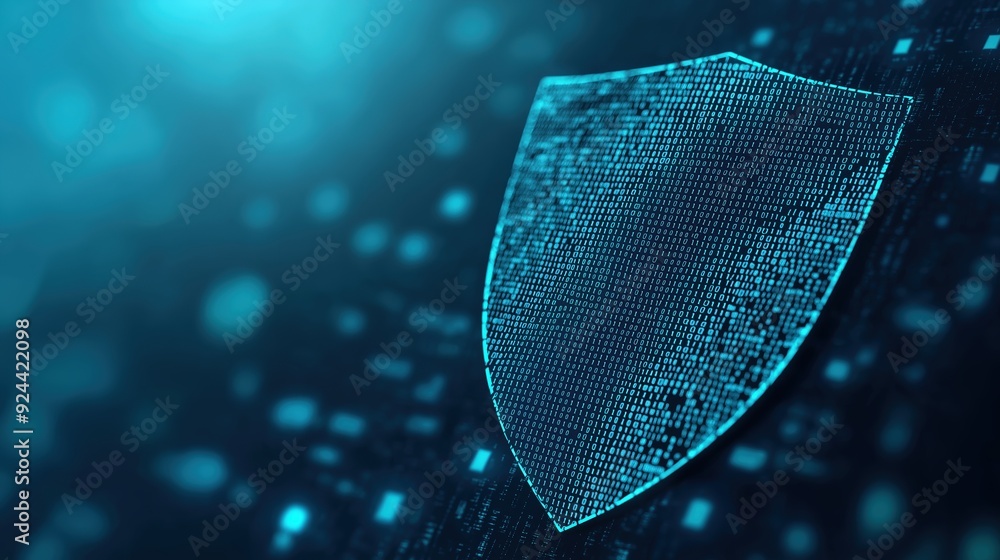 Poster data shield made of binary code, digital protection, cyber defense